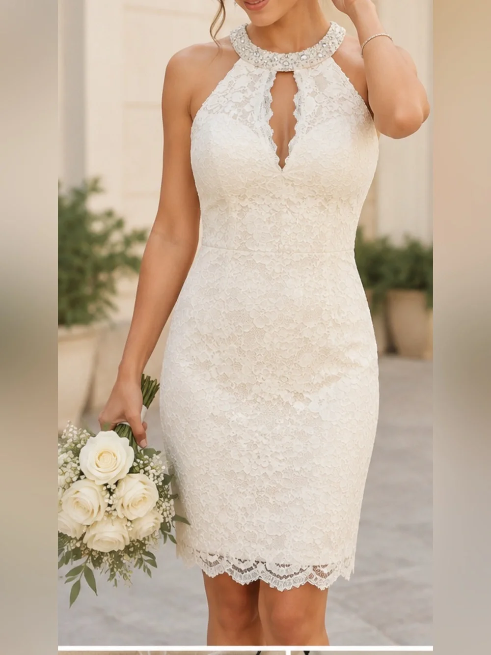 NWT David’s Bridal DB Studio Ivory Lace Beaded Halter Sheath Dress Size 2